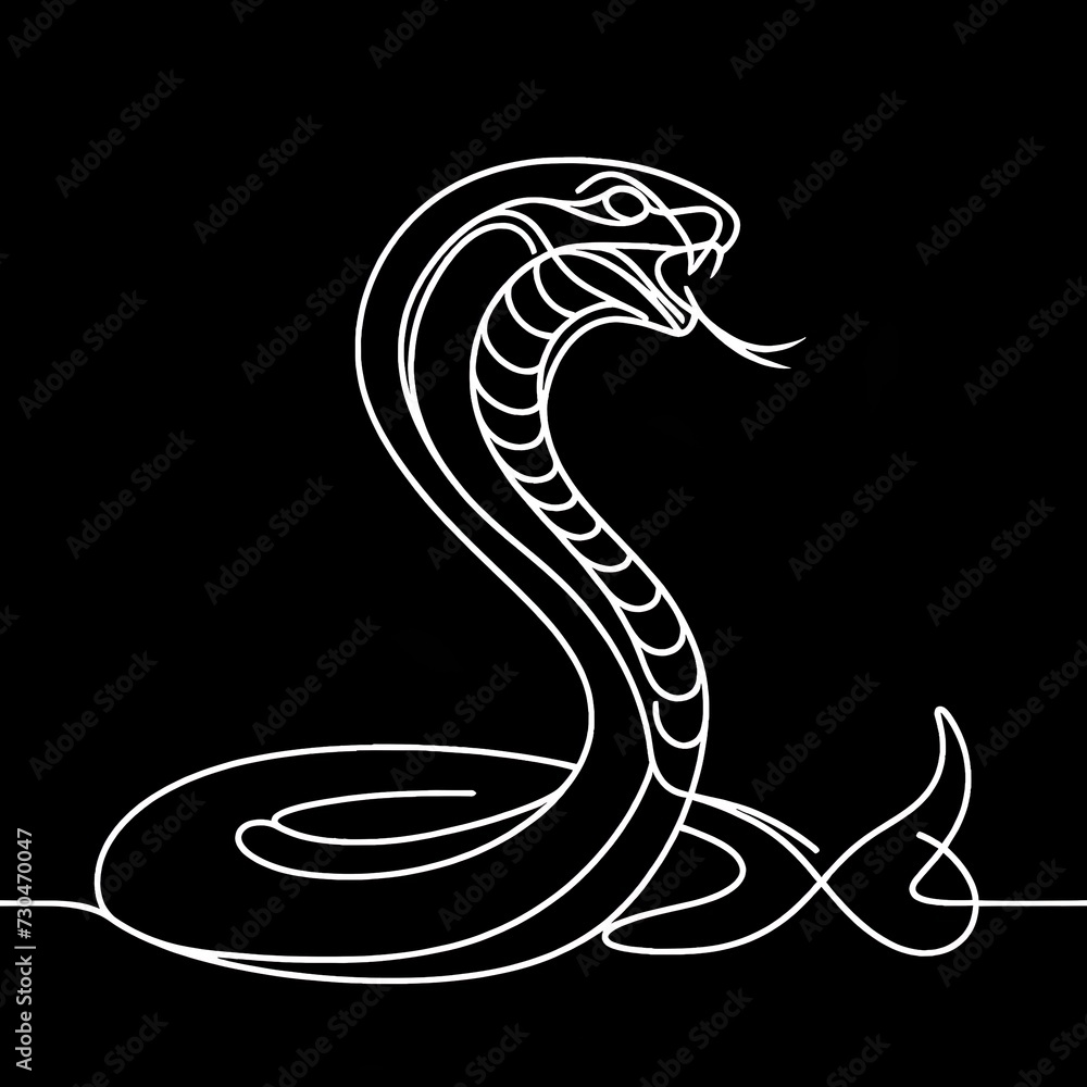 Fototapeta premium A Cobra is depicted in black and white lines against a black backdrop.