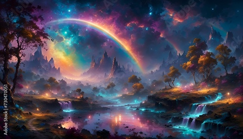 AI generated illustration of a stunning blue-toned depiction of a moonbow or rainbow photo