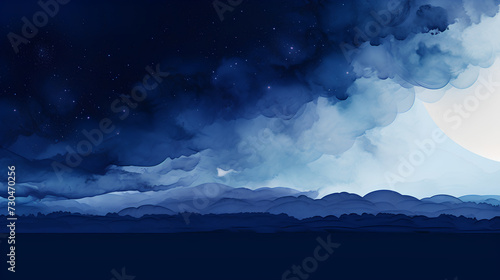 Majestic night sky with full moon over layered mountain silhouette