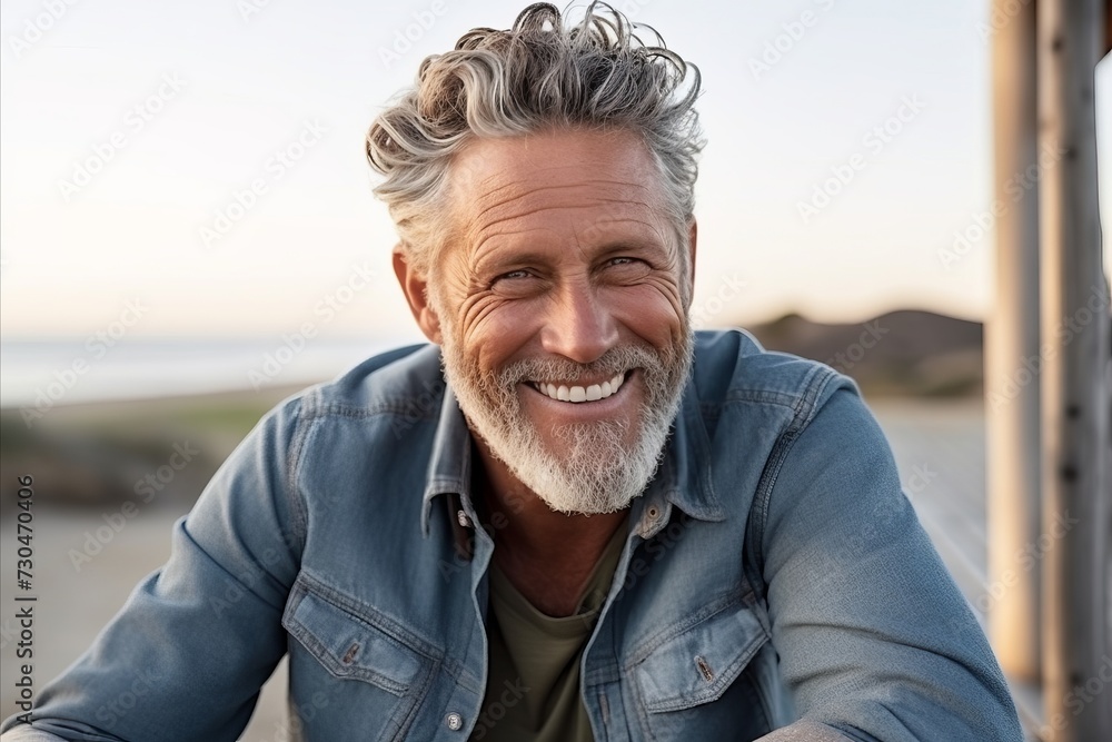 Portrait of a smiling senior man sitting on the beach at sunset Portrait of a smiling senior man sitting on the beach at sunset