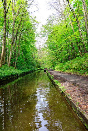 A Peaceful Day at the English Canal with a Moored Boat Amidst the Lush Green Forest © Bossa Art