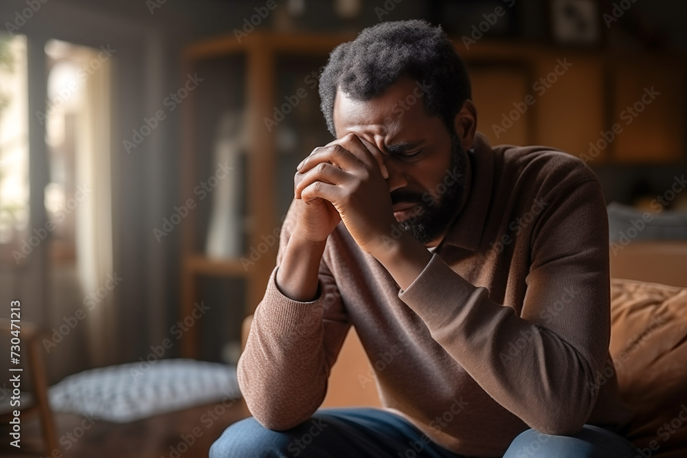 Man sit in living room with mental health, fatigue and sad problem. Face, depression and frustrated male person Man sit in living room with mental health, fatigue and sad problem. Face, depression and frustrated male person