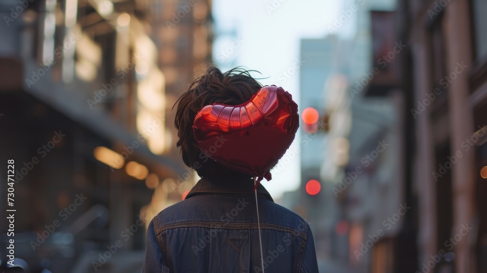 Obraz premium Boy holding a heart shaped balloon in the city generative ai