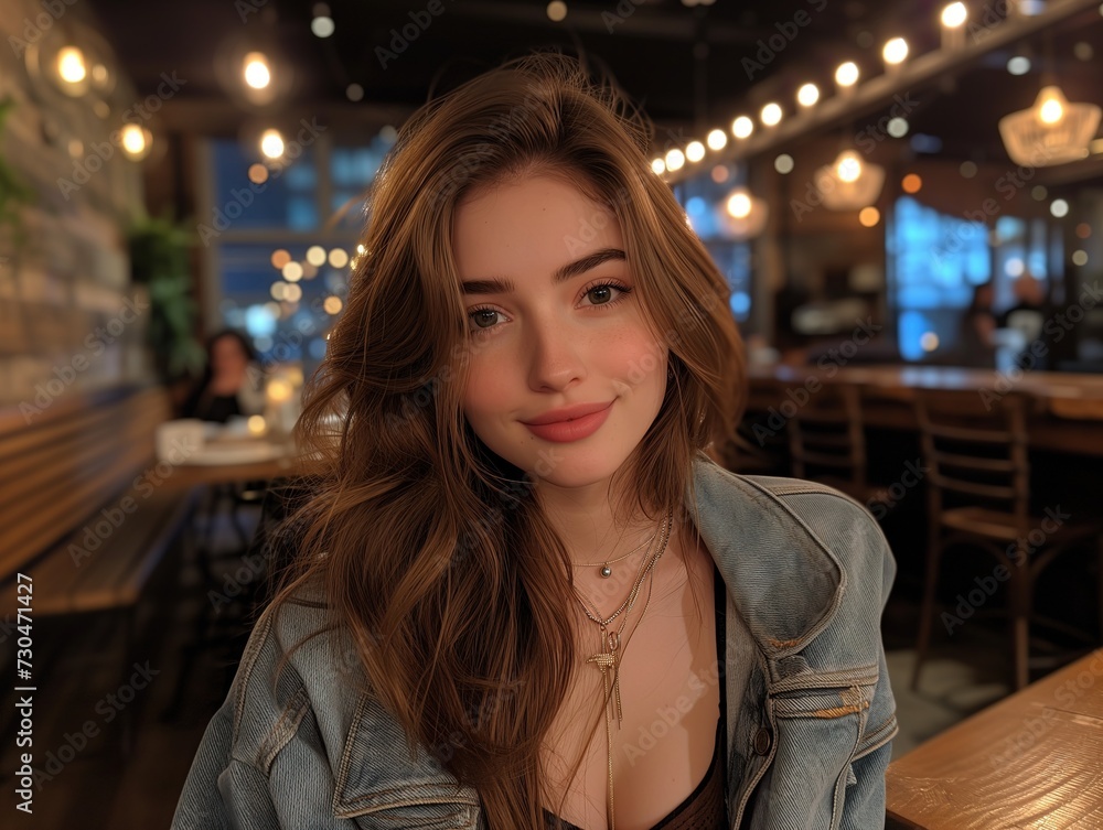 Young Woman Enjoying Nightlife: Wearing Stylish Denim Jacket at Bar Young Woman Enjoying Nightlife: Wearing Stylish Denim Jacket at Bar