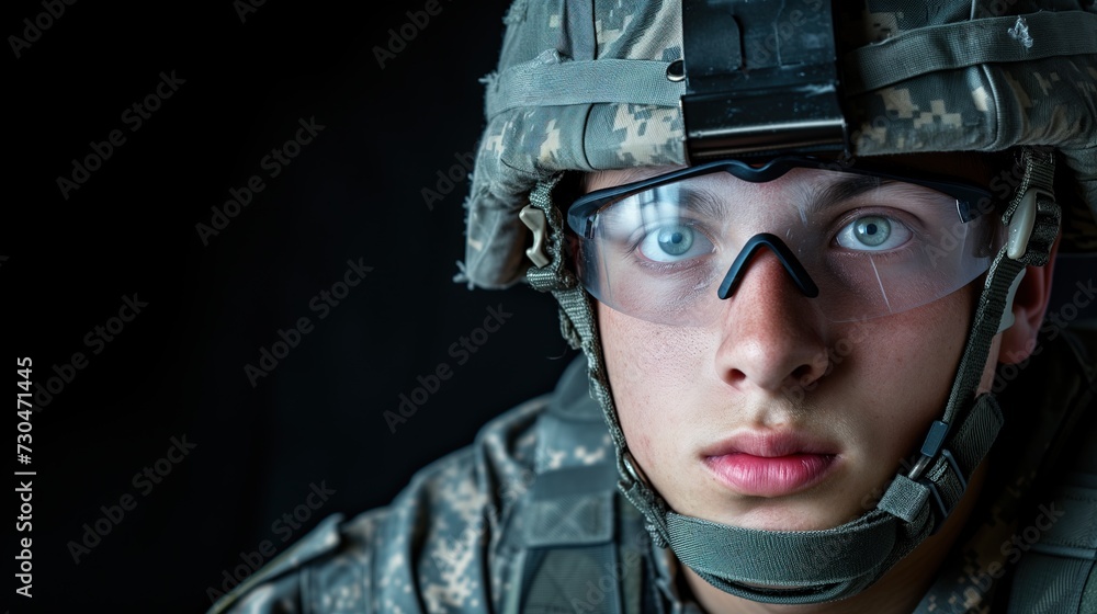 Young Army Soldier in Full Combat Gear Ready for Duty, Standing Against Black Studio Background Young Army Soldier in Full Combat Gear Ready for Duty, Standing Against Black Studio Background