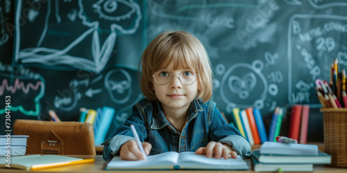 Cute litle boy sittin listening and looking at the camera at the school with blackboard background big blue eyes, classroom photo