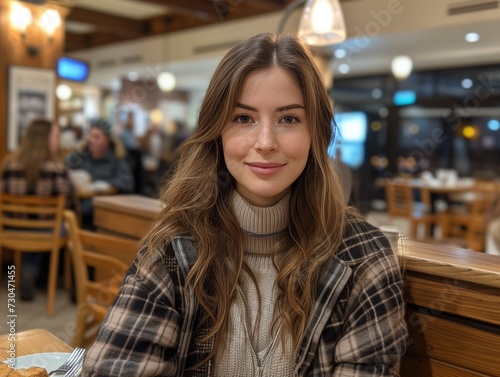 Portrait of a brown haired woman in cafe wearing winter clothing