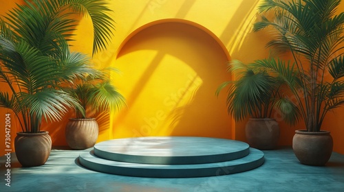 3d render mockup podium stand table shelf. Blue yellow abstract background. Palm tree leaf shadow. Nature. Yellow blue. Design beauty product cosmetics. Wall stage room studio. Design concept. Creativ