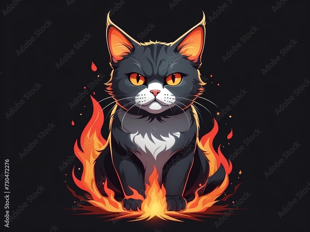 a cat with an angry gaze, with a fire effect, very detailed t-shirt design, flat cartoon a cat with an angry gaze, with a fire effect, very detailed t-shirt design, flat cartoon