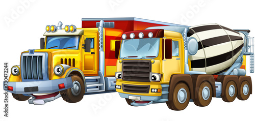 cartoon scene with heavy cargo truck and concrete mixer talking togehter being happy illustration for children