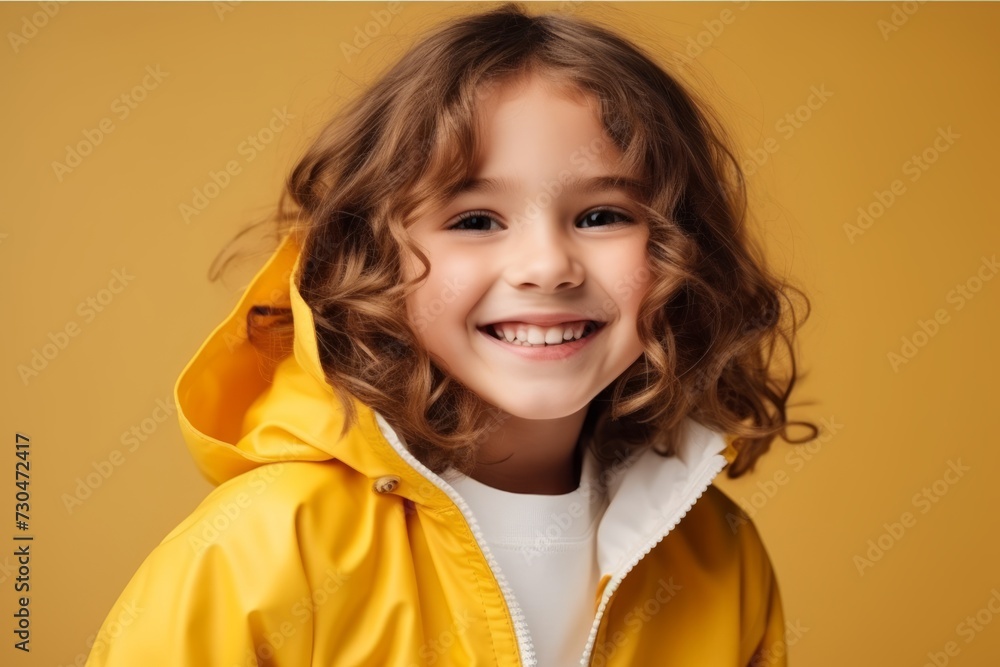 Smiling little girl in a yellow raincoat on a yellow background Smiling little girl in a yellow raincoat on a yellow background