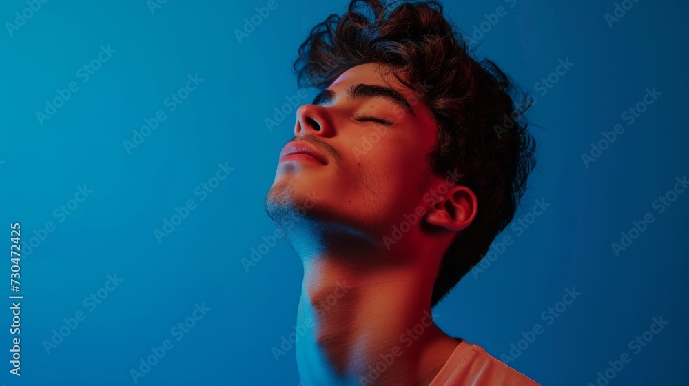 young man in a contemplative pose, surrounded by a cool blue background, generative ai young man in a contemplative pose, surrounded by a cool blue background, generative ai