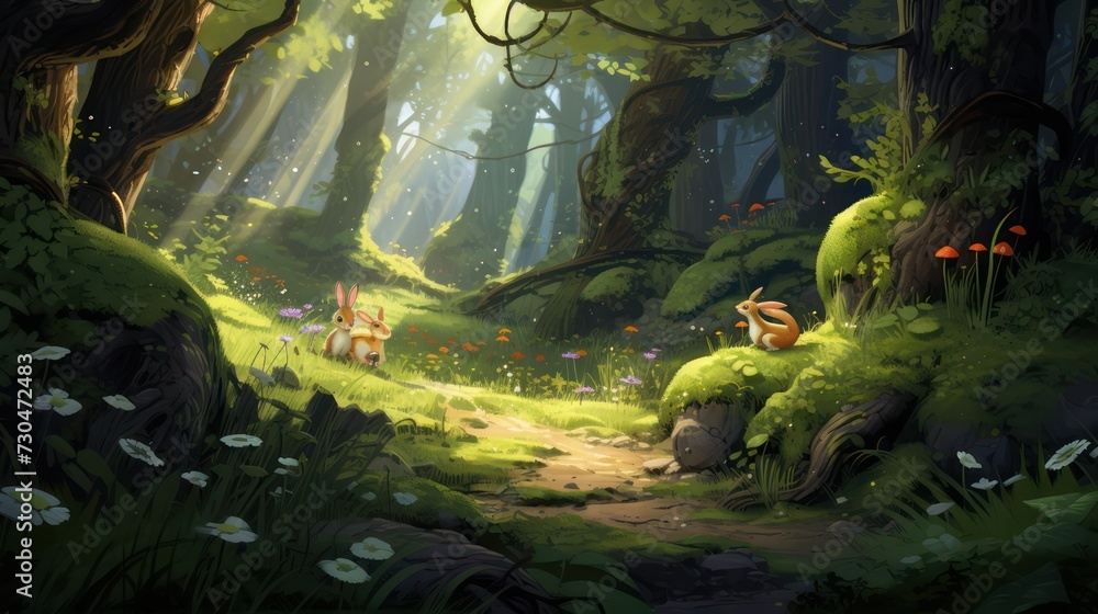 Illustration of a rabbit in a shady forest.