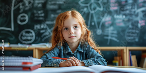 Beautyful litle ginger long hair girl sittin listening and looking at the camera at the school with blackboard background big blue eyes, classroom photo