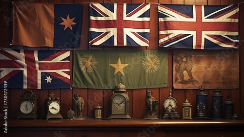 Illustration of historical relics of the British flag and ancient items from the old world war.