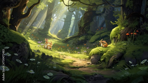 Illustration of a rabbit in a shady forest.