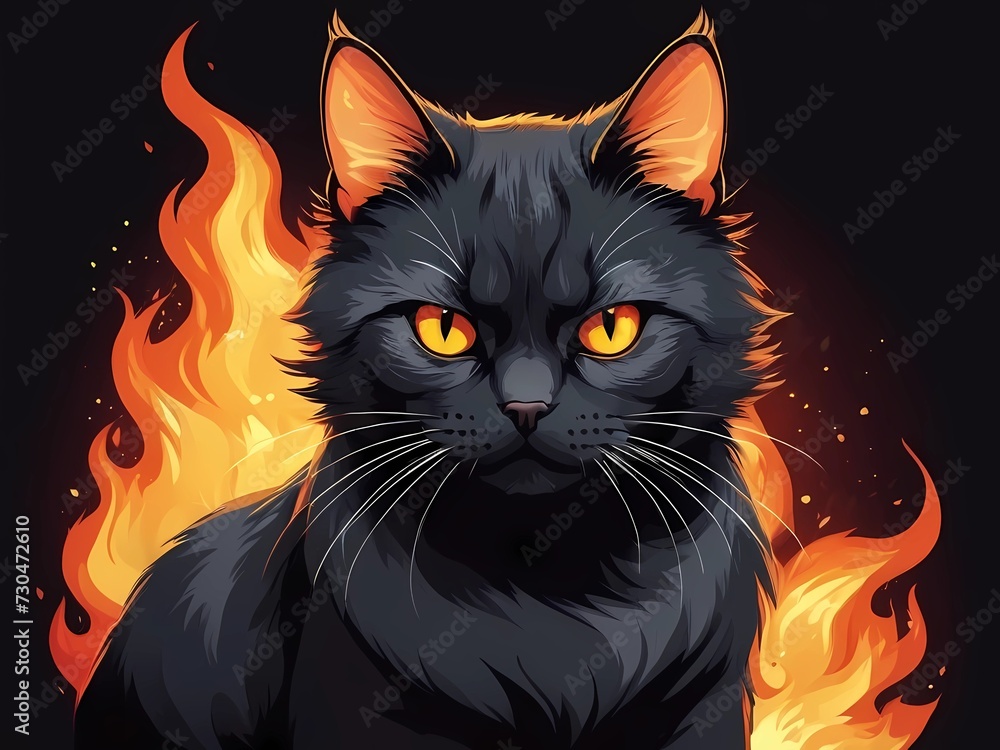 a cat with an angry gaze, with a fire effect, very detailed t-shirt design, flat cartoon a cat with an angry gaze, with a fire effect, very detailed t-shirt design, flat cartoon