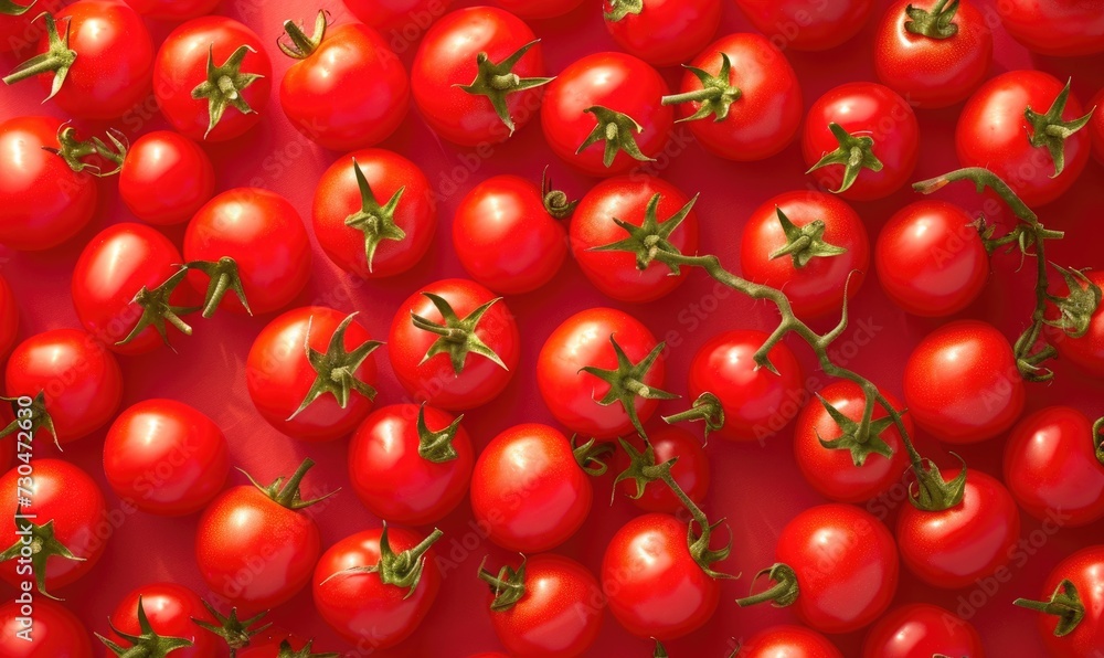 Creative pattern made of red tomatoes on a red background. Flat lay, top view. Creative pattern made of red tomatoes on a red background. Flat lay, top view.