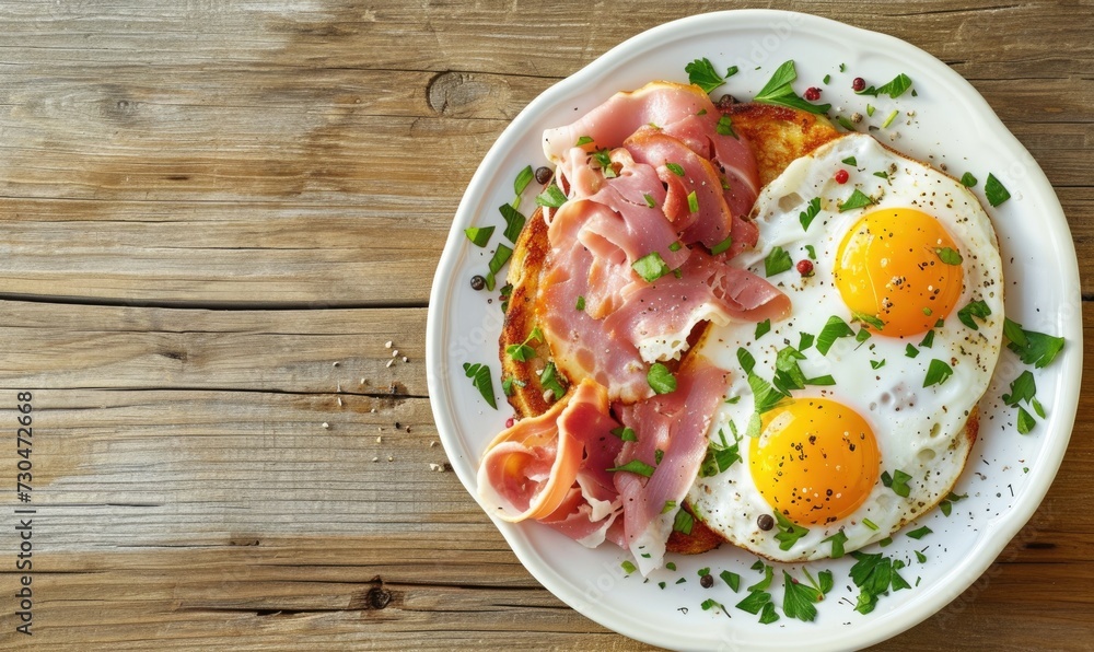Breakfast with fried eggs, ham and parsley on wooden background