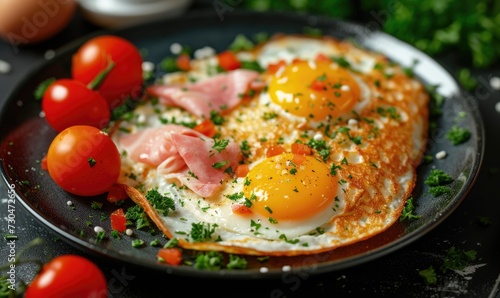 Fried eggs with ham and arugula on a black plate on a dark wooden background