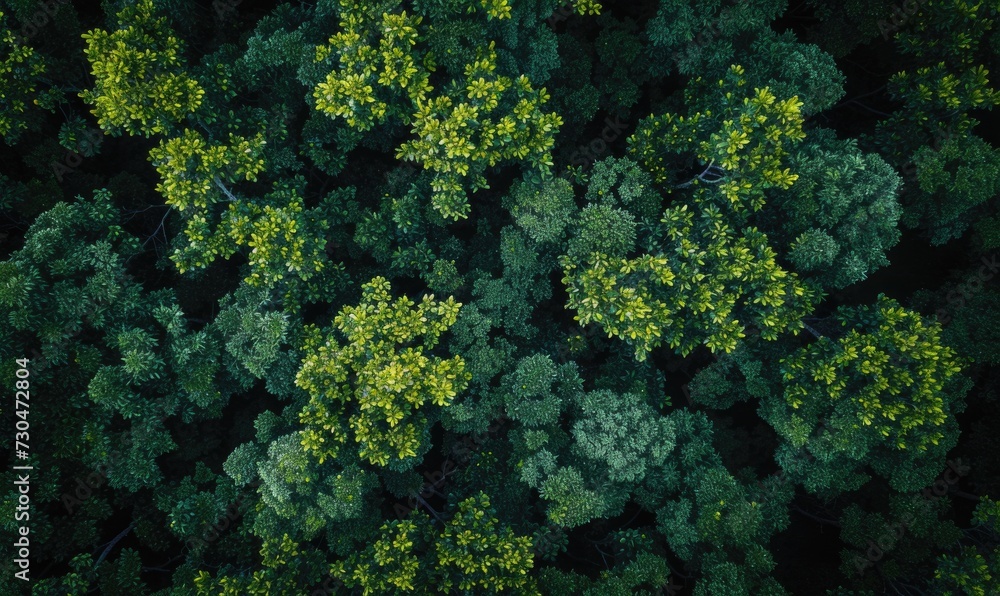 Naklejka premium Top view of green trees in the forest. View from above.