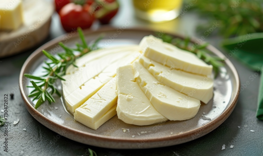 Plate with tasty feta cheese on dark background, closeup