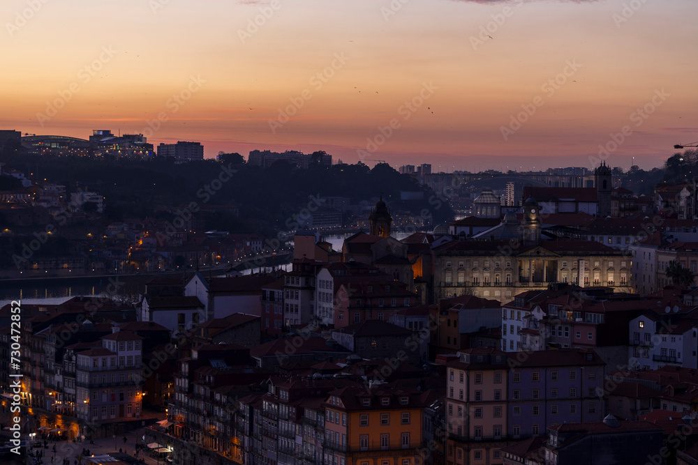 Panoramic view of the old town of Porto at sunset. City of Porto, Portugal.