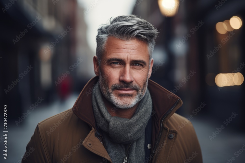 Portrait of a handsome middle-aged man with gray hair, wearing a brown coat and scarf, standing in a European city street. Portrait of a handsome middle-aged man with gray hair, wearing a brown coat and scarf, standing in a European city street.