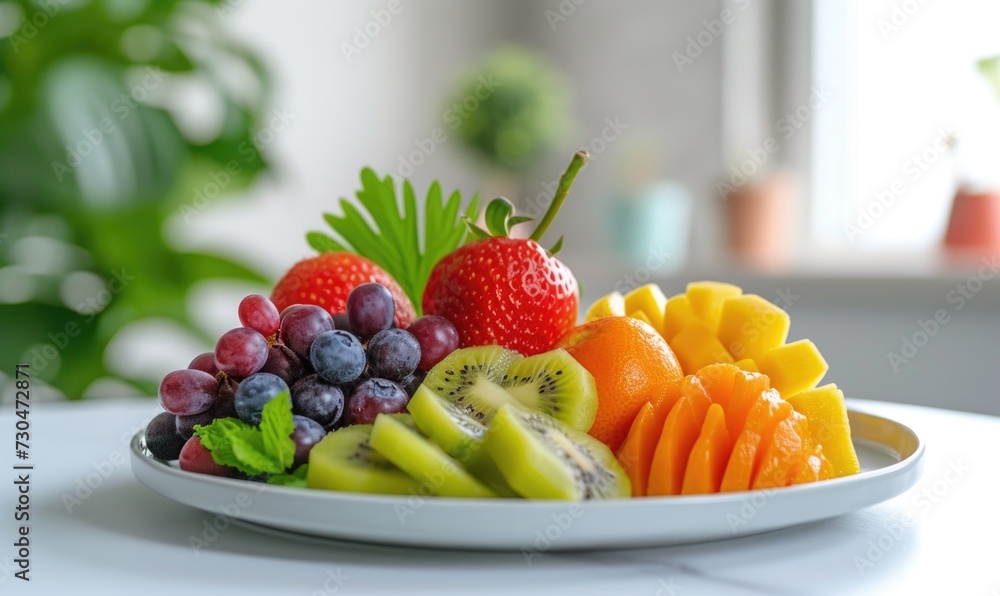 Fresh fruits on a white plate in the kitchen. Healthy eating. Fresh fruits on a white plate in the kitchen. Healthy eating.