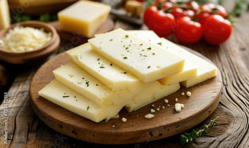 Slices of cheese with rosemary and tomatoes on a wooden background