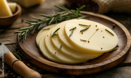 Slices of cheese with rosemary on a wooden background.