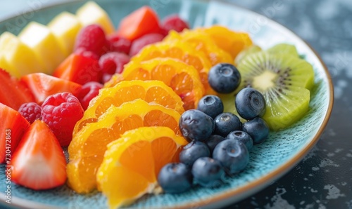 Healthy fresh fruit salad in a plate on a white table.