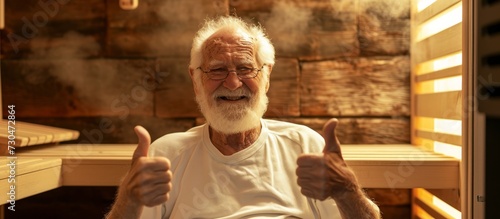 Elderly man happily gives thumbs up in sauna