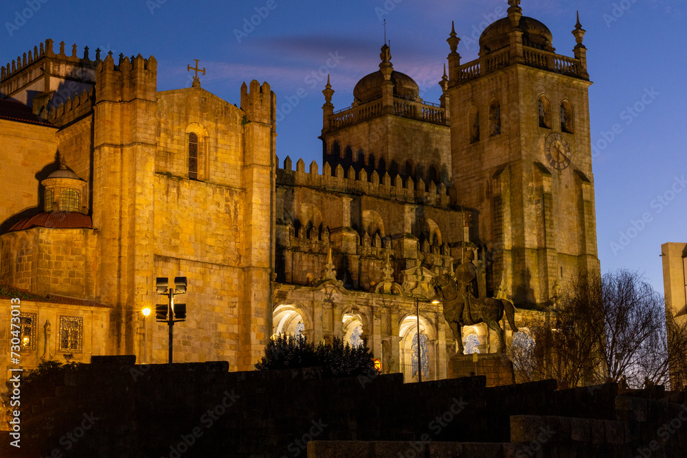 Night view of the Cathedral Church of Se do Porto in Porto city, Portugal