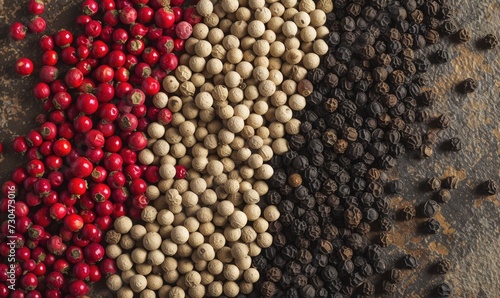 Red, black, white and pink peppercorns on black background