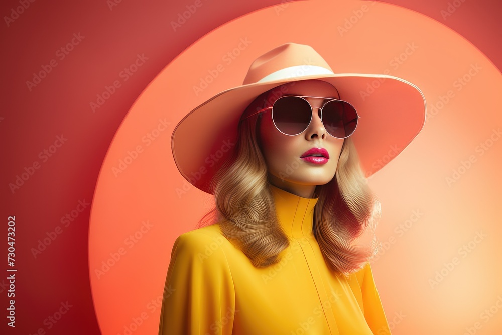 Fototapeta premium Elegant lady in wide brimmed hat with red lips makeup on orange background. Young and beautiful woman is ready for vacation or party. Retro fashion concept. Banner with copy space. Peach color