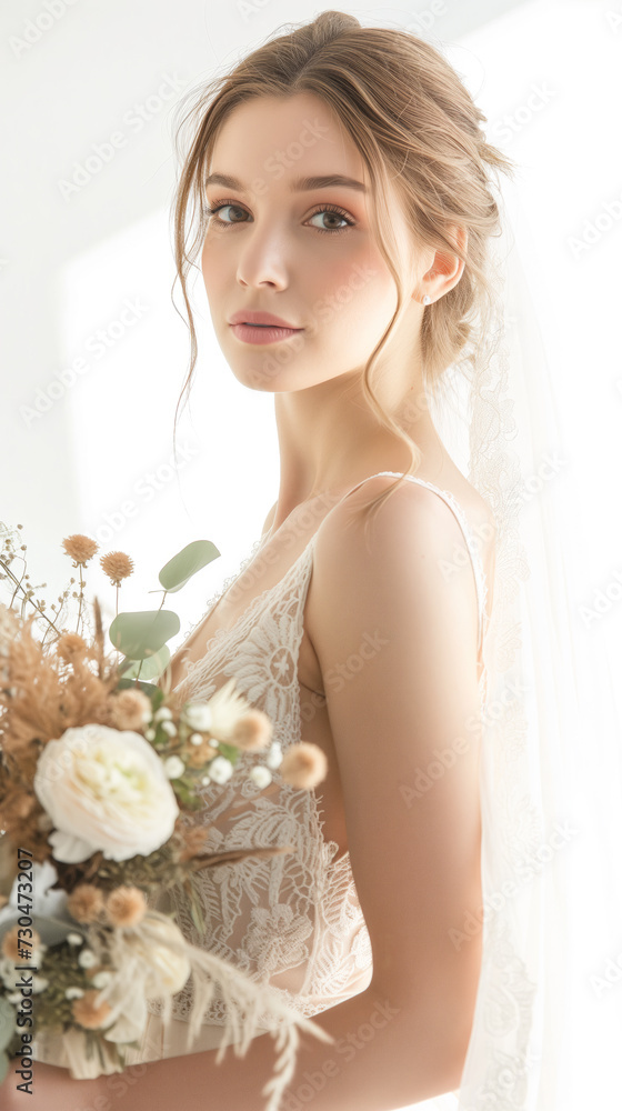 A bride in a detailed wedding dress bathed in natural light holds a bouquet. The focus is on the intricate details of her attire and flowers.