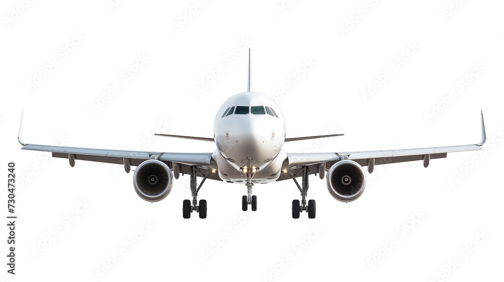 A front-facing view of a commercial airplane in mid-flight against a white background. The airplane’s engines, wings, and retracted landing gears are fully visible. A front-facing view of a commercial airplane in mid-flight against a white background. The airplane’s engines, wings, and retracted landing gears are fully visible.