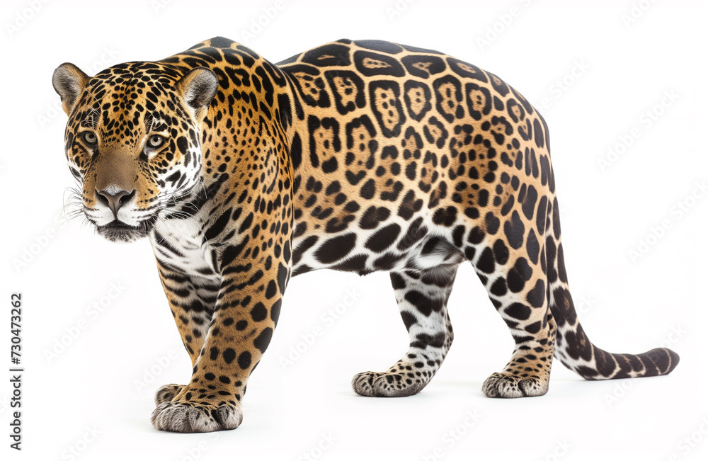 A stunning jaguar with a vibrant coat, captured mid-stride against a white background, showcasing its natural beauty and elegance. A stunning jaguar with a vibrant coat, captured mid-stride against a white background, showcasing its natural beauty and elegance.