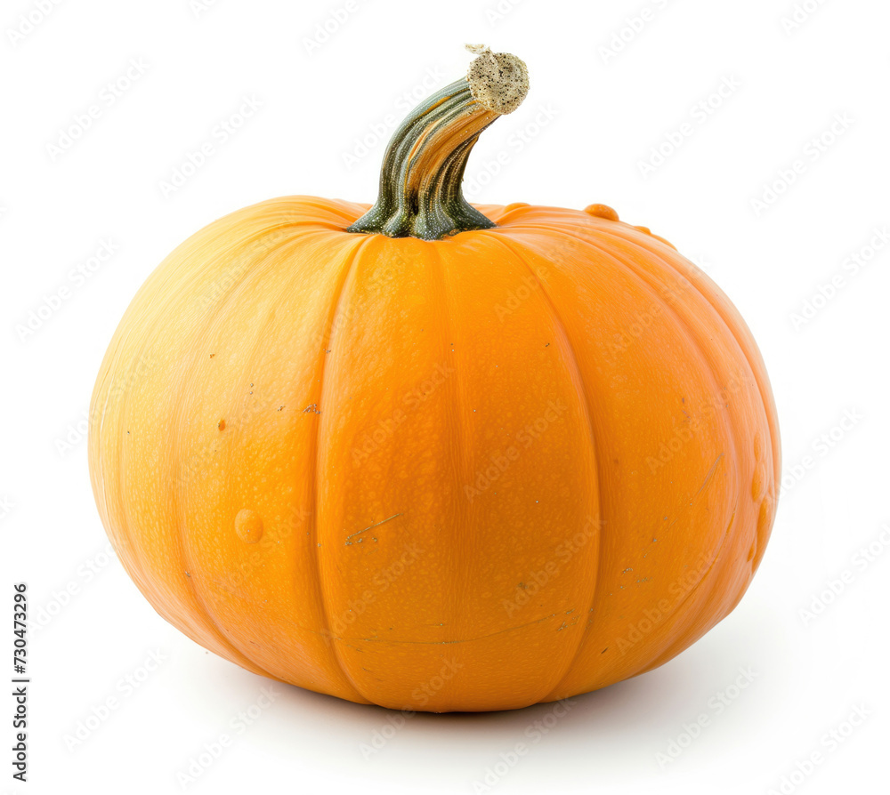 A ripe, vibrant orange pumpkin with a curvy stem, isolated on a clean white background. Ideal for fall or Halloween-themed content. A ripe, vibrant orange pumpkin with a curvy stem, isolated on a clean white background. Ideal for fall or Halloween-themed content.