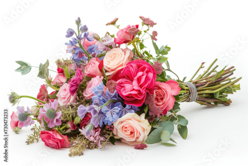 A vibrant bouquet of mixed flowers including roses and lilies, beautifully arranged and isolated on a white background.
