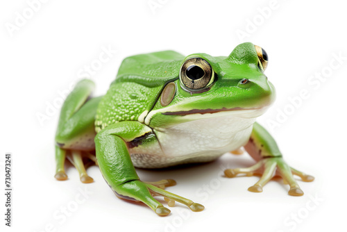 A detailed close-up image of a vibrant green frog. The focus is on the frog   s textured skin and large  golden-hued eyes  set against a contrasting white background.