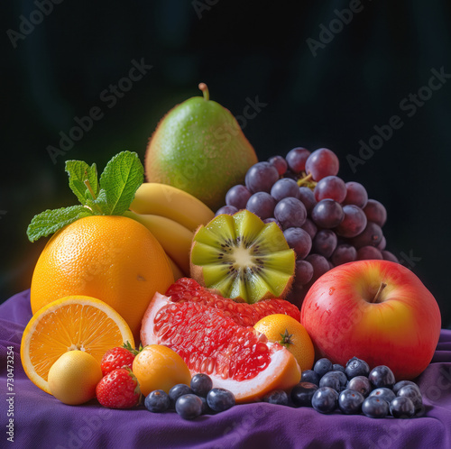 A colorful array of fresh fruits including grapes, oranges, kiwi, and apples, beautifully arranged against a dark backdrop.