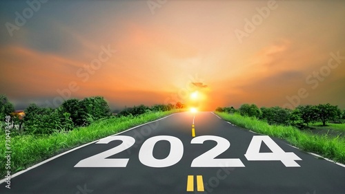 go forward concept. passing time future, life plan change, work start run line, sunset hope growth begin. Open empty road path end and new year 2024. Upcoming 2024 goals and leaving behind 2023 year.