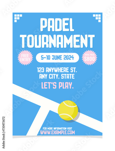 Padel tournament poster. Competition event template. Modern vector illustration with court, ball and text.
