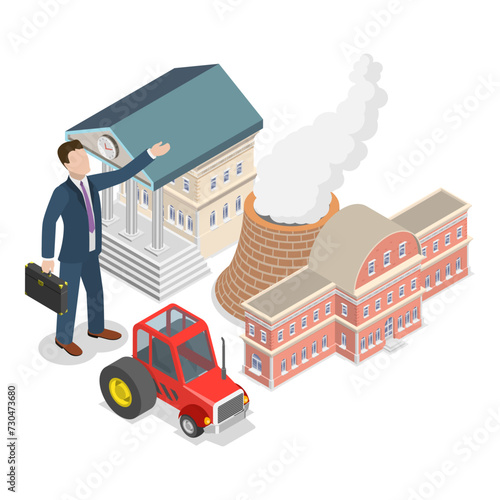 3D Isometric Flat Vector Illustration of Mixed Economy Features, Public and Private Sectors. Item 4