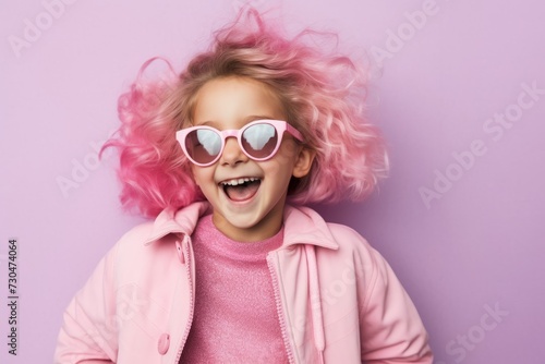 Funny little girl with pink hair and sunglasses on a purple background