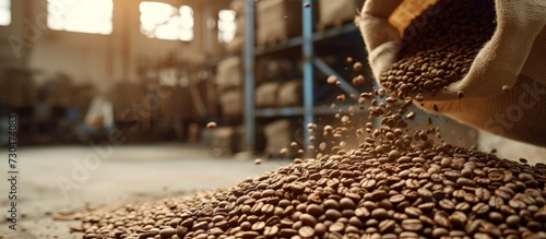 Close up raw coffee beans pouring from handful to the sack in a warehouse. AI generated image photo