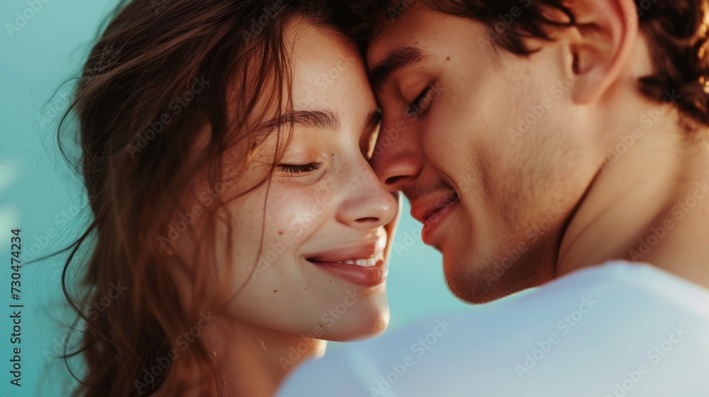 couple sharing a romantic moment, in front of a dreamy pastel blue studio background generative ai couple sharing a romantic moment, in front of a dreamy pastel blue studio background generative ai
