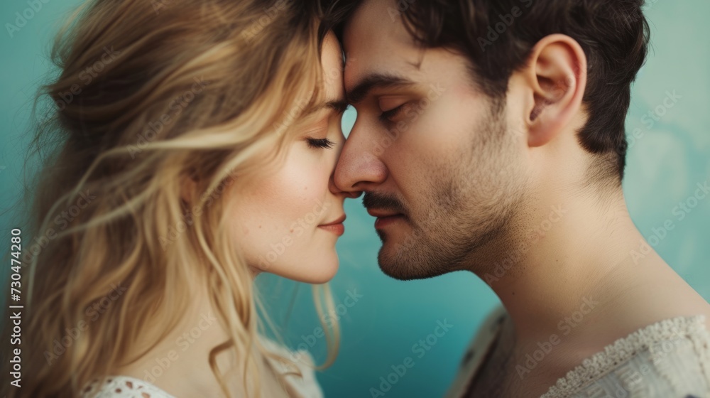 couple sharing a romantic moment, in front of a dreamy pastel blue studio background generative ai couple sharing a romantic moment, in front of a dreamy pastel blue studio background generative ai
